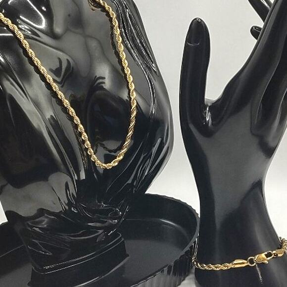 18k Gold Plated Necklace Bracelet Diamond Cut Rope Chain Set Valentines Birthday - Picture 1 of 10